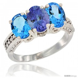 14K White Gold Natural Tanzanite & Swiss Blue Topaz Sides Ring 3-Stone 7x5 mm Oval Diamond Accent