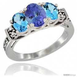 14K White Gold Natural Tanzanite & Swiss Blue Topaz Ring 3-Stone Oval with Diamond Accent