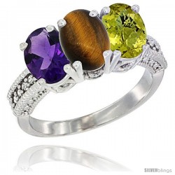 14K White Gold Natural Amethyst, Tiger Eye & Lemon Quartz Ring 3-Stone 7x5 mm Oval Diamond Accent