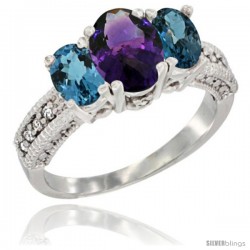 14k White Gold Ladies Oval Natural Amethyst 3-Stone Ring with London Blue Topaz Sides Diamond Accent