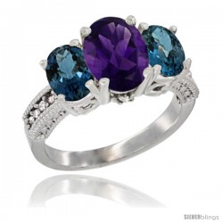 14K White Gold Ladies 3-Stone Oval Natural Amethyst Ring with London Blue Topaz Sides Diamond Accent
