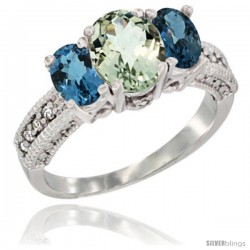 14k White Gold Ladies Oval Natural Green Amethyst 3-Stone Ring with London Blue Topaz Sides Diamond Accent