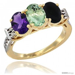 10K Yellow Gold Natural Amethyst, Green Amethyst & Black Onyx Ring 3-Stone Oval 7x5 mm Diamond Accent