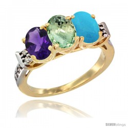 10K Yellow Gold Natural Amethyst, Green Amethyst & Turquoise Ring 3-Stone Oval 7x5 mm Diamond Accent