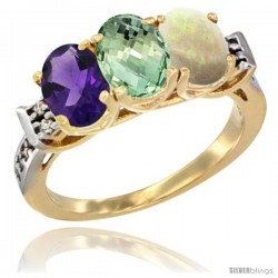 10K Yellow Gold Natural Amethyst, Green Amethyst & Opal Ring 3-Stone Oval 7x5 mm Diamond Accent