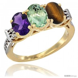 10K Yellow Gold Natural Amethyst, Green Amethyst & Tiger Eye Ring 3-Stone Oval 7x5 mm Diamond Accent