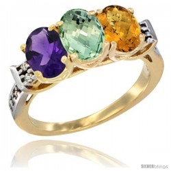 10K Yellow Gold Natural Amethyst, Green Amethyst & Whisky Quartz Ring 3-Stone Oval 7x5 mm Diamond Accent