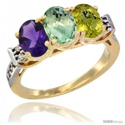 10K Yellow Gold Natural Amethyst, Green Amethyst & Lemon Quartz Ring 3-Stone Oval 7x5 mm Diamond Accent