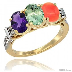 10K Yellow Gold Natural Amethyst, Green Amethyst & Coral Ring 3-Stone Oval 7x5 mm Diamond Accent