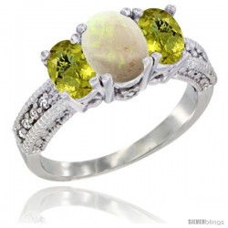 10K White Gold Ladies Oval Natural Opal 3-Stone Ring with Lemon Quartz Sides Diamond Accent