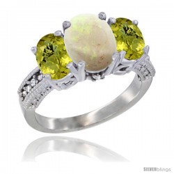 10K White Gold Ladies Natural Opal Oval 3 Stone Ring with Lemon Quartz Sides Diamond Accent