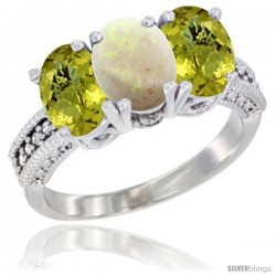 10K White Gold Natural Opal & Lemon Quartz Sides Ring 3-Stone Oval 7x5 mm Diamond Accent