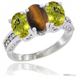 10K White Gold Natural Tiger Eye & Lemon Quartz Sides Ring 3-Stone Oval 7x5 mm Diamond Accent