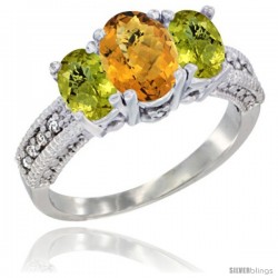 10K White Gold Ladies Oval Natural Whisky Quartz 3-Stone Ring with Lemon Quartz Sides Diamond Accent