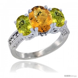 10K White Gold Ladies Natural Whisky Quartz Oval 3 Stone Ring with Lemon Quartz Sides Diamond Accent