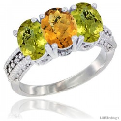 10K White Gold Natural Whisky Quartz & Lemon Quartz Sides Ring 3-Stone Oval 7x5 mm Diamond Accent