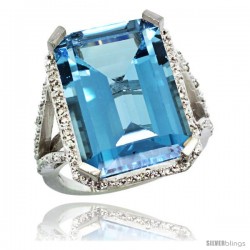 Sterling Silver Diamond Natural London Blue Topaz Ring 14.96 ct Emerald Shape 18x13 Stone 13/16 in wide