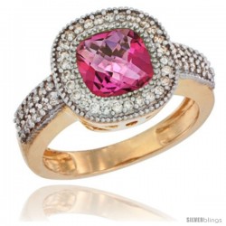 14k Yellow Gold Ladies Natural Pink Topaz Ring Cushion-cut 3.5 ct. 7x7 Stone Diamond Accent