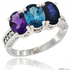 10K White Gold Natural Amethyst, London Blue Topaz & Blue Sapphire Ring 3-Stone Oval 7x5 mm Diamond Accent