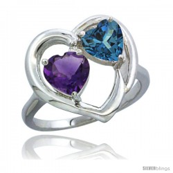 10K White Gold Heart Ring 6mm Natural Amethyst & London Blue Topaz Diamond Accent