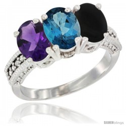 10K White Gold Natural Amethyst, London Blue Topaz & Black Onyx Ring 3-Stone Oval 7x5 mm Diamond Accent