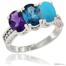 10K White Gold Natural Amethyst, London Blue Topaz & Turquoise Ring 3-Stone Oval 7x5 mm Diamond Accent