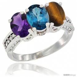 10K White Gold Natural Amethyst, London Blue Topaz & Tiger Eye Ring 3-Stone Oval 7x5 mm Diamond Accent