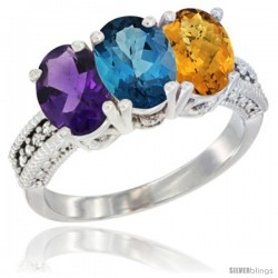 10K White Gold Natural Amethyst, London Blue Topaz & Whisky Quartz Ring 3-Stone Oval 7x5 mm Diamond Accent