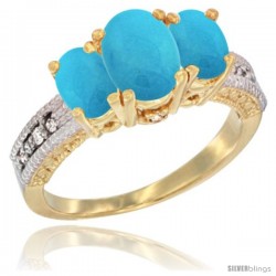 10K Yellow Gold Ladies Oval Natural Turquoise 3-Stone Ring Diamond Accent