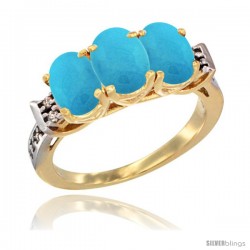 10K Yellow Gold Natural Turquoise Ring 3-Stone Oval 7x5 mm Diamond Accent