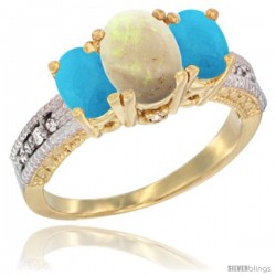 10K Yellow Gold Ladies Oval Natural Opal 3-Stone Ring with Turquoise Sides Diamond Accent