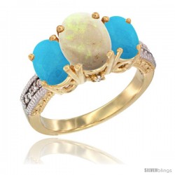 10K Yellow Gold Ladies 3-Stone Oval Natural Opal Ring with Turquoise Sides Diamond Accent