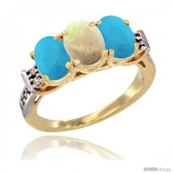 10K Yellow Gold Natural Opal & Turquoise Sides Ring 3-Stone Oval 7x5 mm Diamond Accent