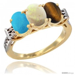 10K Yellow Gold Natural Turquoise, Opal & Tiger Eye Ring 3-Stone Oval 7x5 mm Diamond Accent
