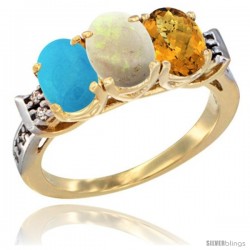 10K Yellow Gold Natural Turquoise, Opal & Whisky Quartz Ring 3-Stone Oval 7x5 mm Diamond Accent