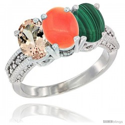 14K White Gold Natural Morganite, Coral & Malachite Ring 3-Stone Oval 7x5 mm Diamond Accent