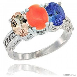 14K White Gold Natural Morganite, Coral & Tanzanite Ring 3-Stone Oval 7x5 mm Diamond Accent