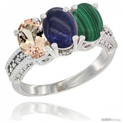 14K White Gold Natural Morganite, Lapis & Malachite Ring 3-Stone Oval 7x5 mm Diamond Accent