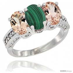 14K White Gold Natural Malachite & Morganite Sides Ring 3-Stone Oval 7x5 mm Diamond Accent