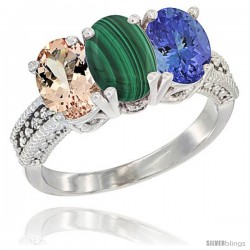 14K White Gold Natural Morganite, Malachite & Tanzanite Ring 3-Stone Oval 7x5 mm Diamond Accent