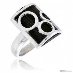 Sterling Silver Bubble Design Rectangular Ring, w/ Ancient Wood Inlay, w/ Triple Circle Cut Outs, 7/8" (22 mm) wide