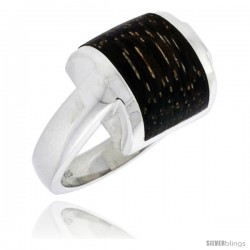 Sterling Silver Square-shaped Ring, w/ Ancient Wood Inlay, 5/8" (16 mm) wide -Style Trw27