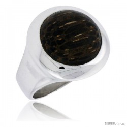 Sterling Silver Round-shaped Ring, w/ Ancient Wood Inlay, 13/16" (21 mm) wide