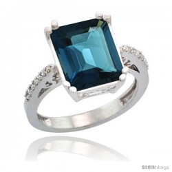 Sterling Silver Diamond Natural London Blue Topaz Ring 5.83 ct Emerald Shape 12x10 Stone 1/2 in wide