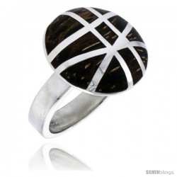 Sterling Silver Gashed Round Ring, w/ Ancient Wood Inlay, 13/16" (21 mm) wide