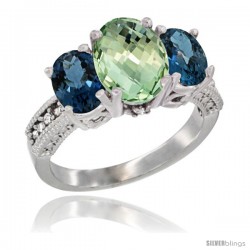 14K White Gold Ladies 3-Stone Oval Natural Green Amethyst Ring with London Blue Topaz Sides Diamond Accent