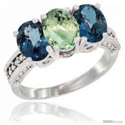 14K White Gold Natural Green Amethyst & London Blue Topaz Sides Ring 3-Stone 7x5 mm Oval Diamond Accent