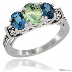 14K White Gold Natural Green Amethyst & London Blue Ring 3-Stone Oval with Diamond Accent