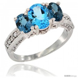 14k White Gold Ladies Oval Natural Swiss Blue Topaz 3-Stone Ring with London Blue Topaz Sides Diamond Accent