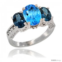 14K White Gold Ladies 3-Stone Oval Natural Swiss Blue Topaz Ring with London Blue Topaz Sides Diamond Accent